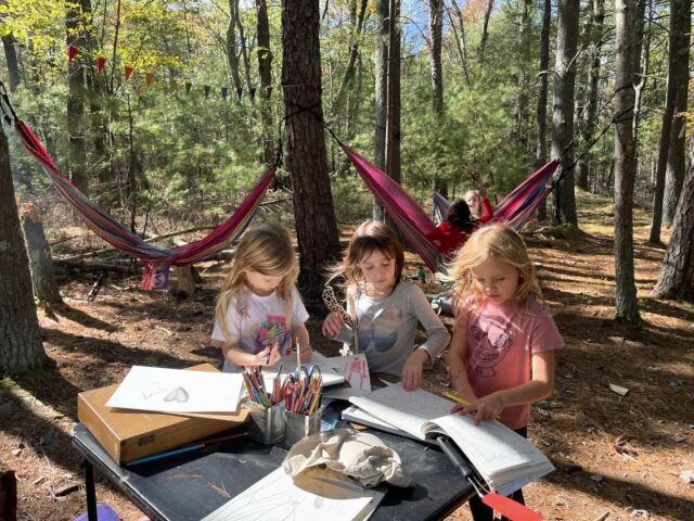 What a beautiful fall week! The big deal was Woods Week 🌲🌳🏕️led by our resident ranger and fire circle master, KR 🙌🏼The Woods Week crew gathered around their campfire 🔥⛺️to share meals 🌭🥔🍎and reveled in the glorious weather ☀️ and smells of early fall 🍂🍃🍁They foraged for wintergreen tea 🫖🍵☕️, they read in hammocks while listening to wind in the tops of the pines 🌲💨they traipsed through old bluestone quarries 🪨🧗, played games and painted, wrote and told scary stories 👻put up firewood for coming seasons 🪵built shelters for humans and for fairies alike 🧚🏻🧚‍♀️🧚🏼‍♂️, and developed a real sense of belonging on our land 💚💚💚They plan to return for another Woods Week in the spring! 
Elsewhere in the week, foragers gathered acorns for flour-making 🌰🌰🌰Christopher Sears joined us for an amazing art workshop (see previous post), @wayfinderexp was in the house! Our Kitchen Cooperative continued to bring order and tidiness to our well-loved cooking space 👩‍🍳🍚🍪🥠🔪Advisors busily met with Advisees, the Writing Lab was open for business ✍️✏️📝pickup soccer featured some especially exciting goals (off the knee, backwards kick, rare finesse from The Boot) ⚽️🥅🏟️chess all week ♟️♟️♟️, some impromptu outdoor jamming 🥁🛢️🪘🍗and all the usual sweet (and sometimes challenging) friendship stuff, intensive debating about all manner of topics, communal governance, and creative exploration of self, other, and world 🌍🤙🏽🔥